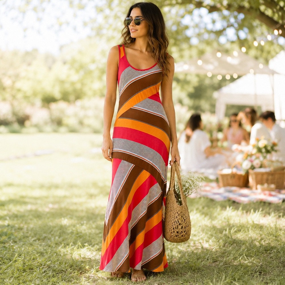 American Rag Popsicle Stripes Sleeveless Maxi Dress Red Orange Brown Y2K Boho XS